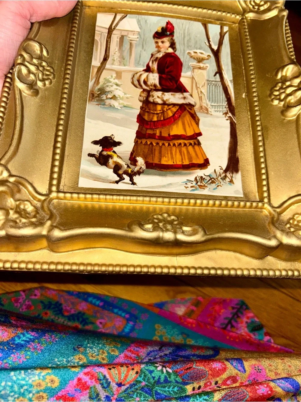 Vintage/antique 5d ornate framed print of a Victorian woman w/ her dog